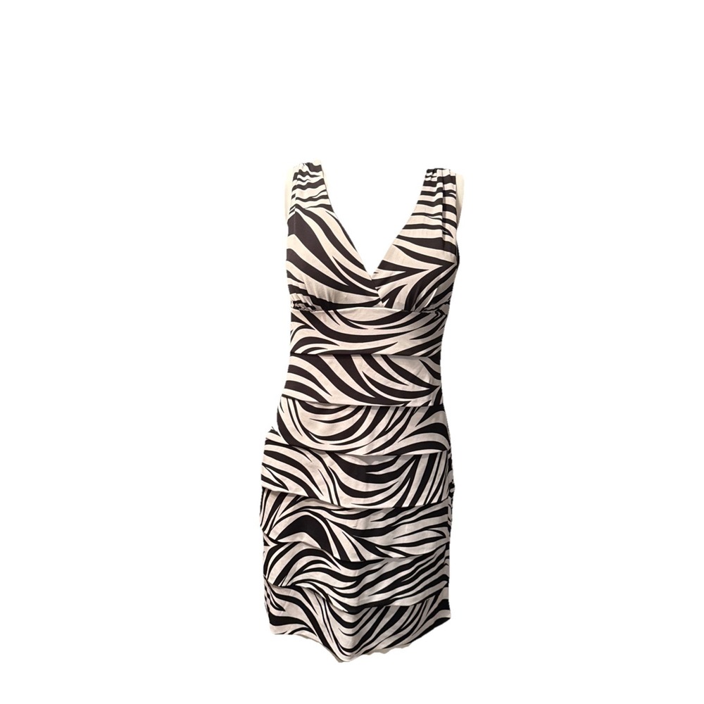Sweet Storm Zebra Print Tiered Ruffle Dress Black White V-Neck Large 26601-25580